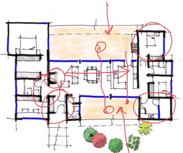 Después: croquis corregido a mano con círculos y flechas